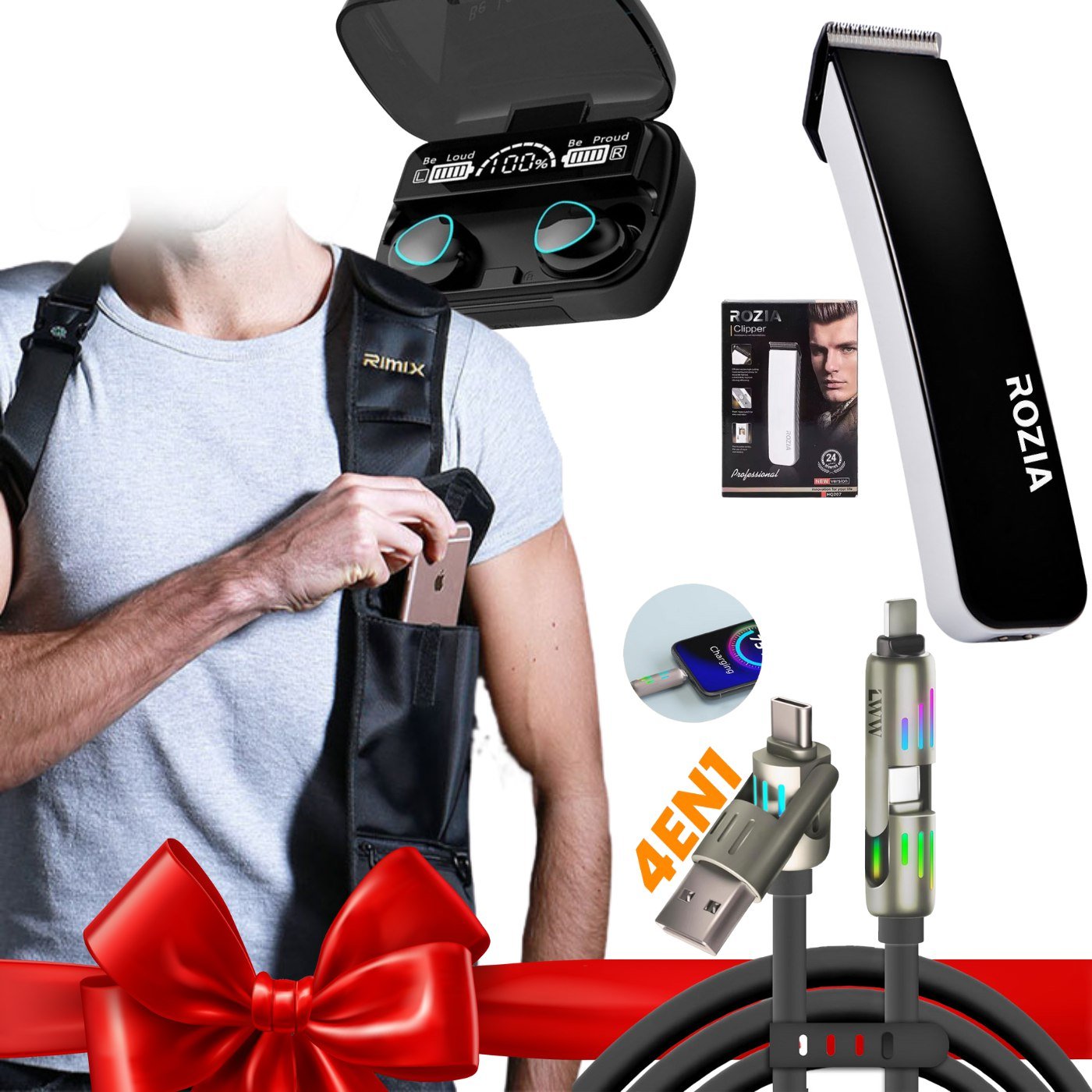 5837104050304912340-1.jpg SUPER PACK 4 IN 1 طقم سماعات + ماكنة حلاقة + كابل شحن + صاكوشة - الصورة 1