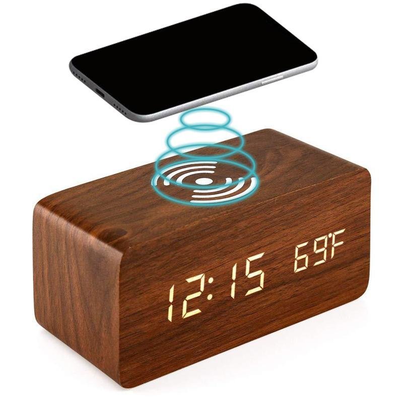 6-10-1.jpg Réveil numérique de bureau en bois avec socle de charge sans fil Qi - الصورة 1