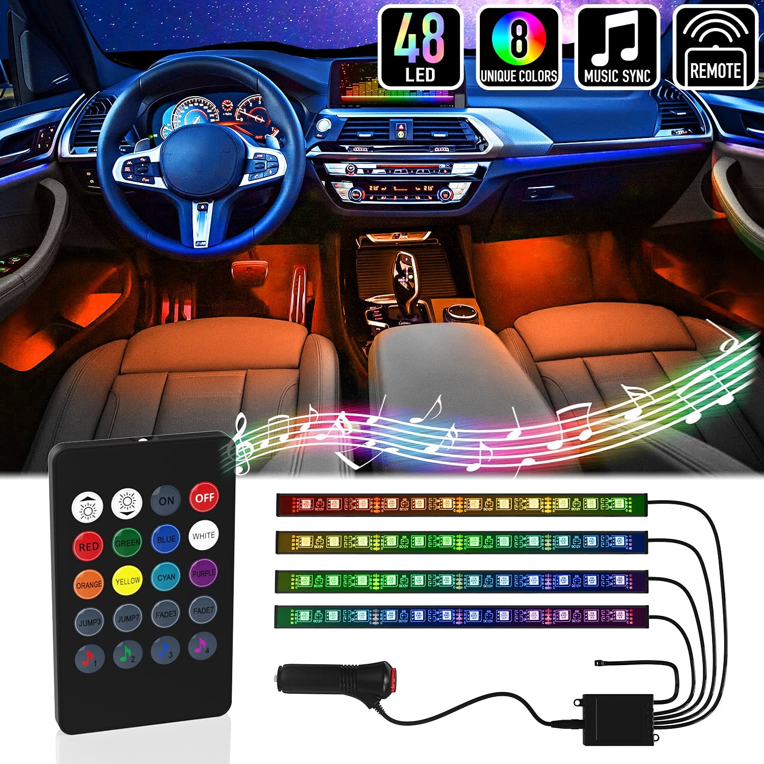 81E3IR9iV4S.jpg Kit de bandes lumineuses LED pour intérieur de voiture Rgb - الصورة 1