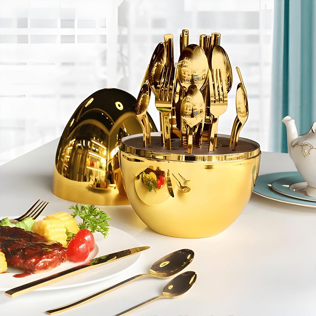 Gold-egg-v2-cnc-1.jpg Serie Ensemble De Couverts Créatifs En Forme De Œuf Dorée 24Pcs – طقم أدوات المطبخ - الصورة 1