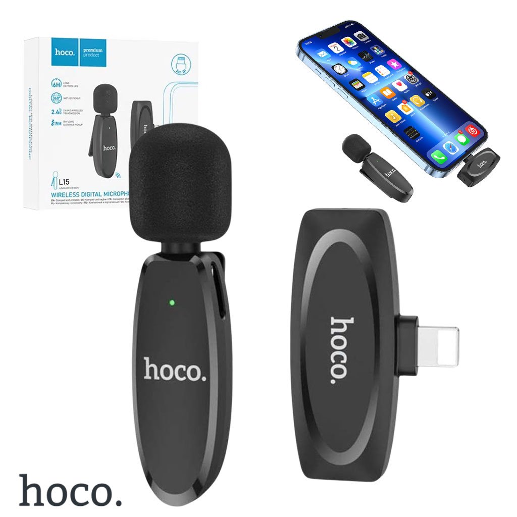 Hoco-L15-IPHONE-1.jpg Hoco L15 Microphone Cravate Sans fil IPHONE – ميكروفون لاسلكي أصلي - الصورة 1