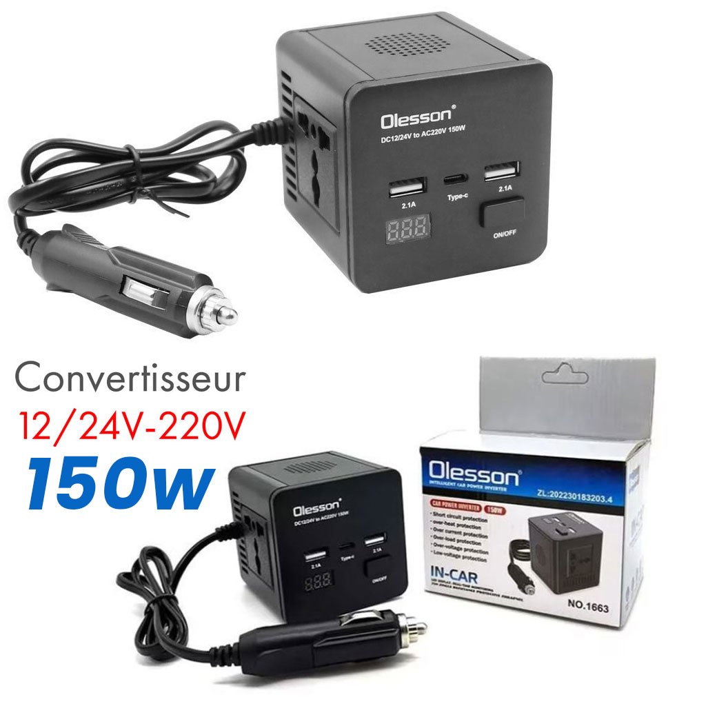 Olesson-Inverter-cnc2.jpg Convertisseur de tension en voiture avec surveillance de puissance 150 watts, 12 volts, 2 USB, 1 USB type C et 2 prises - الصورة 1