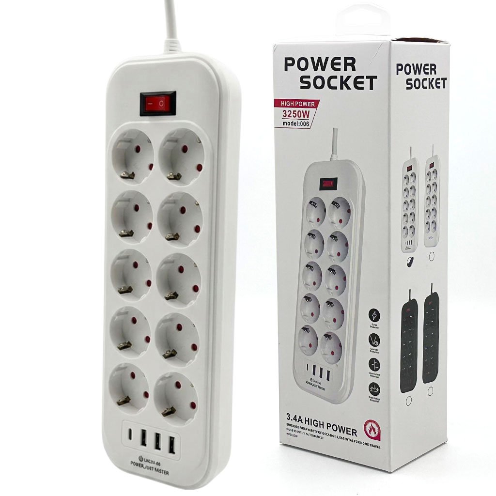 Power-Socket-3250W-cnc-1.jpg Rallonge Multiprise 10 Prises et 4 Ports USB Haute Puissance 3250W – مقبس طاقة متعدد المنافذ - الصورة 1