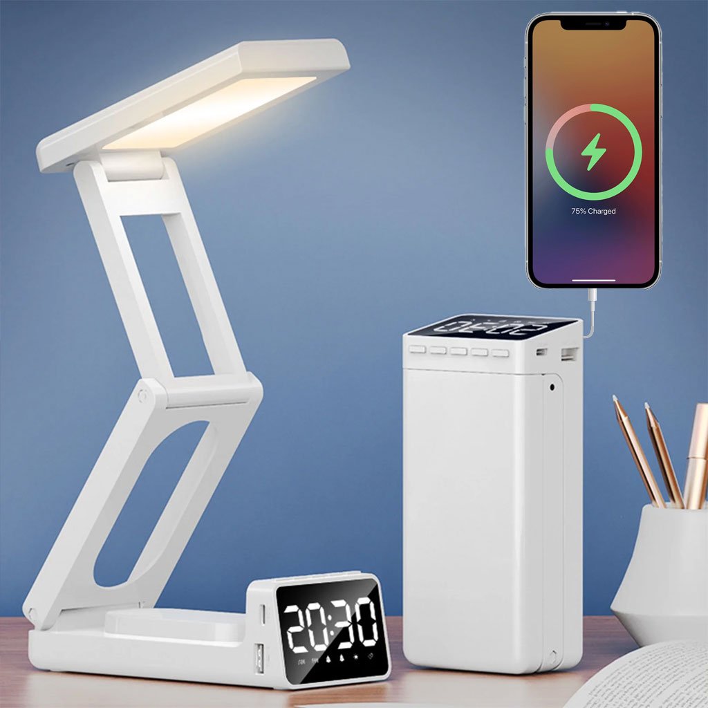 SZ-827-CNC-2.jpg Lampe de bureau rechargeable sans fil avec réveil LED et power bank 10 000 mAh – مصباح مكتب ومصباح مع شاحن متنقل - الصورة 1