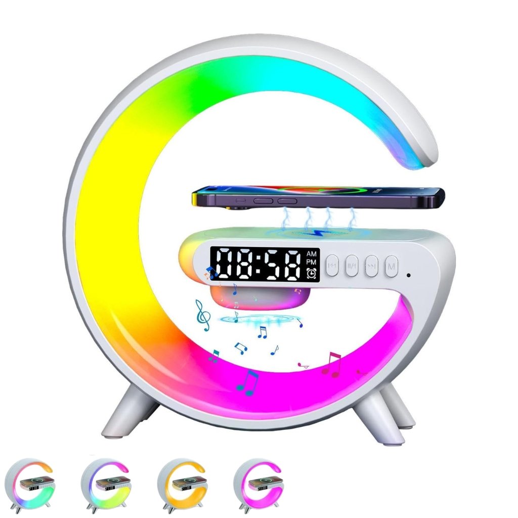 xr:d:DAFkHJeAsxI:45,j:9152845173956203413,t:23100309 Réveil intelligente type G Bluetooth chargement sans fil haut-parleur RGB lumineuses G63-Blanc - الصورة 1
