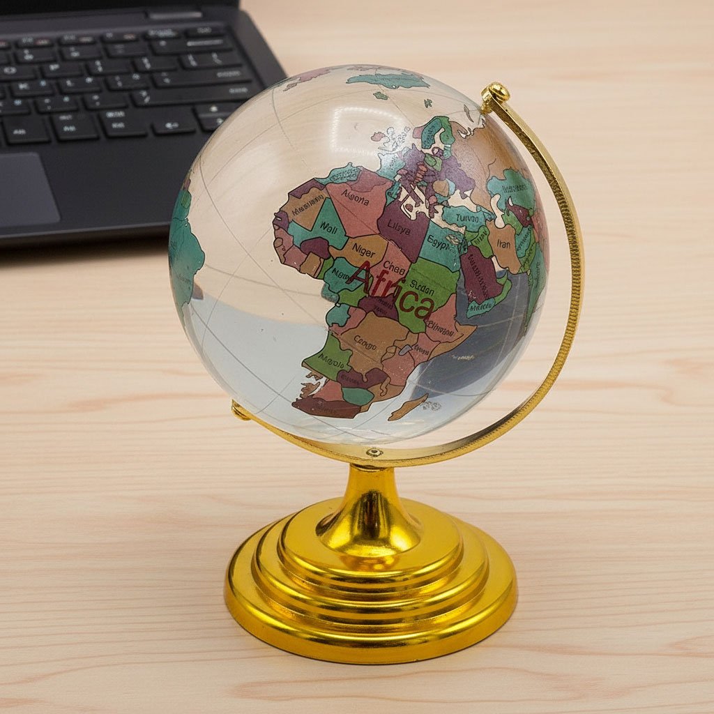 boule-terre-1.jpg Globe en cristal décoratif rotatif parfait pour un bureau - كرة كريستالية بخريطة العالم - الصورة 1