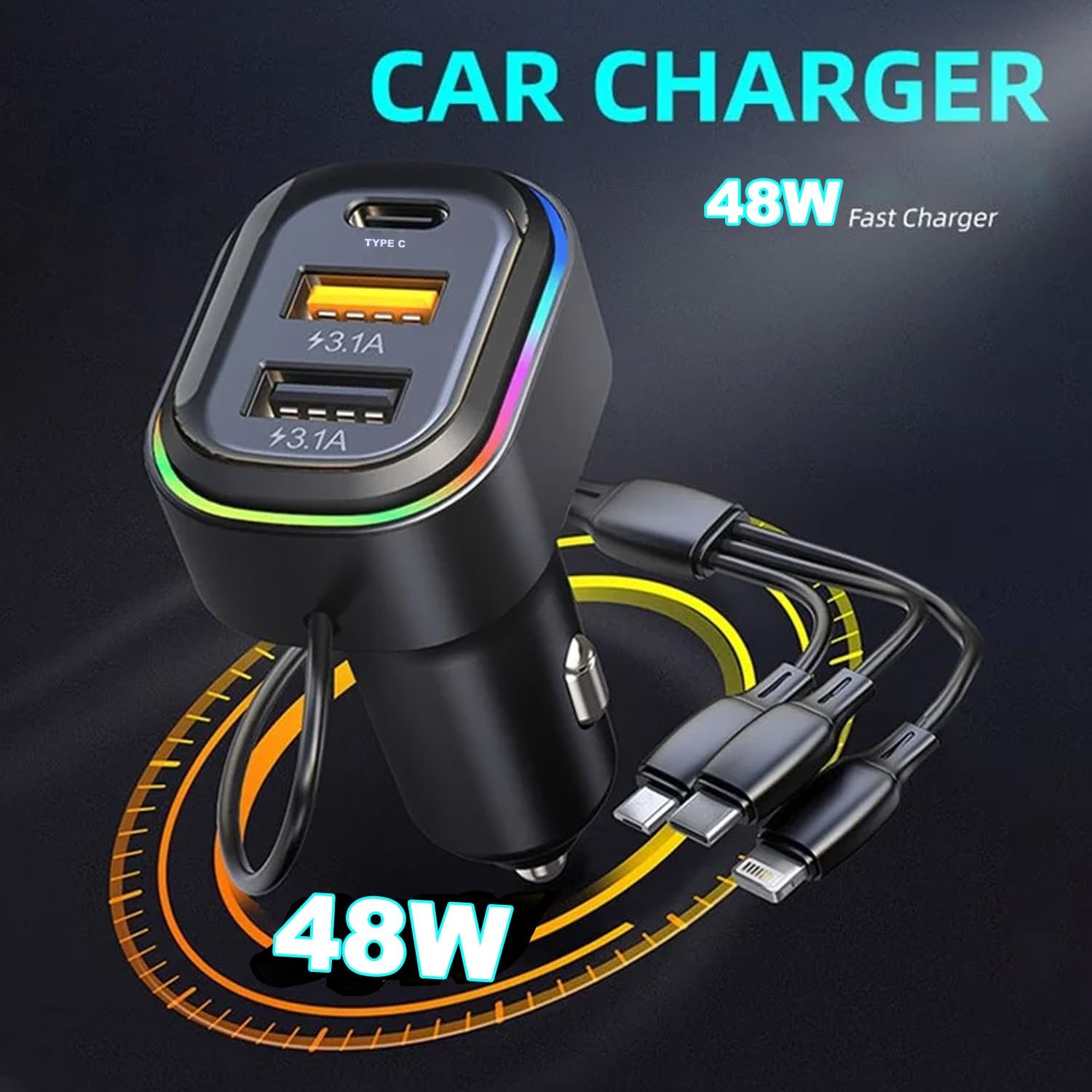 1775036766333_kd1u5caa_car-48w-cnc.jpg Chargeur de voiture à 3 ports avec câble de charge 3 en 1 intégré (Lightning/Type-C/Micro USB) - شاحن سيارة - الصورة 1